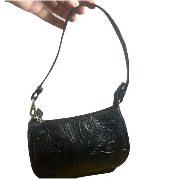 Charter Club Faux Leather Black Embossed Small Shoulder Bag 7.5x5in Chic - Picture 2 of 13